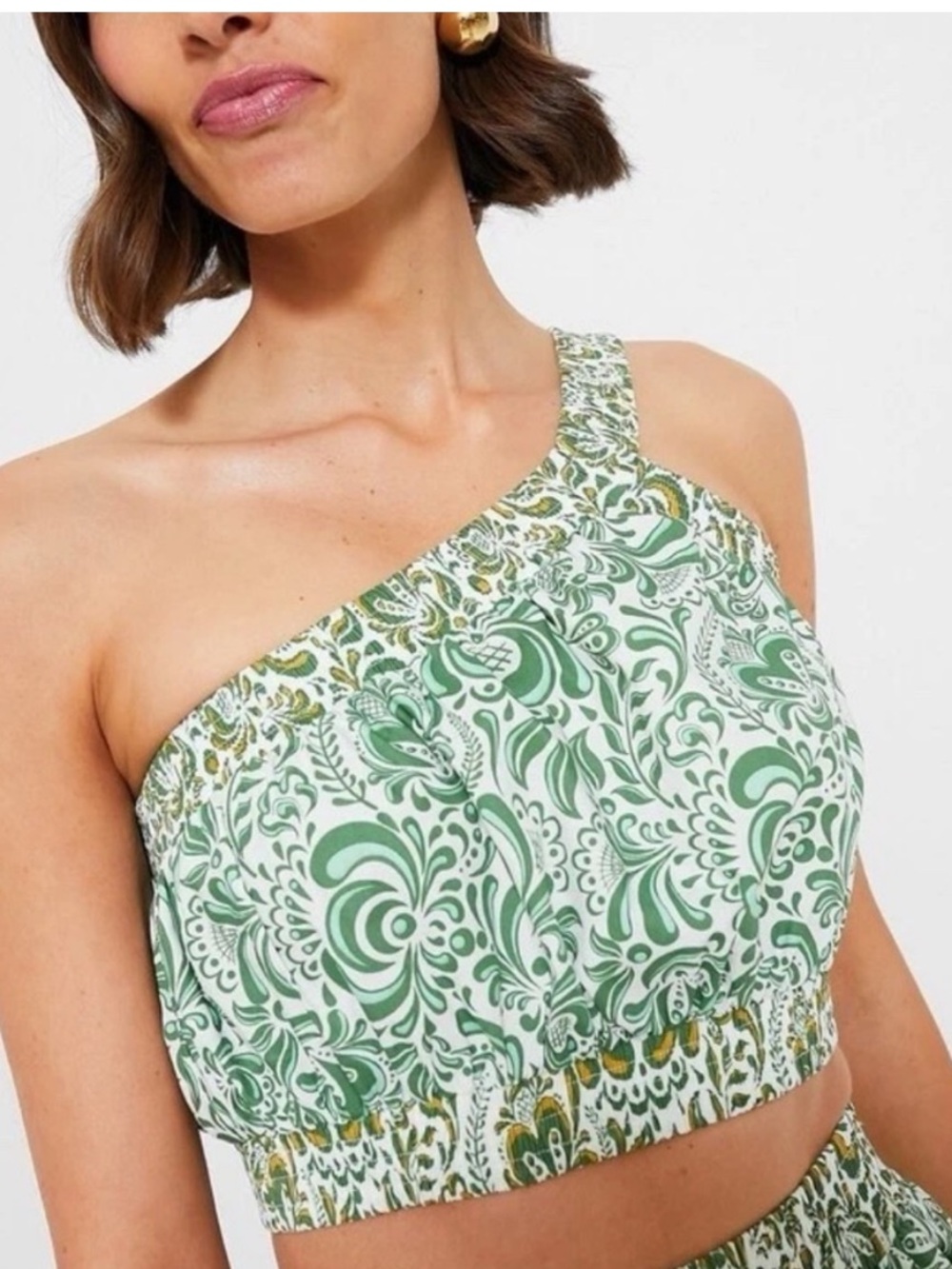 Hyacinth House NWOT Green Border Print Asymmetrical One Shoulder Crop Top XXS
